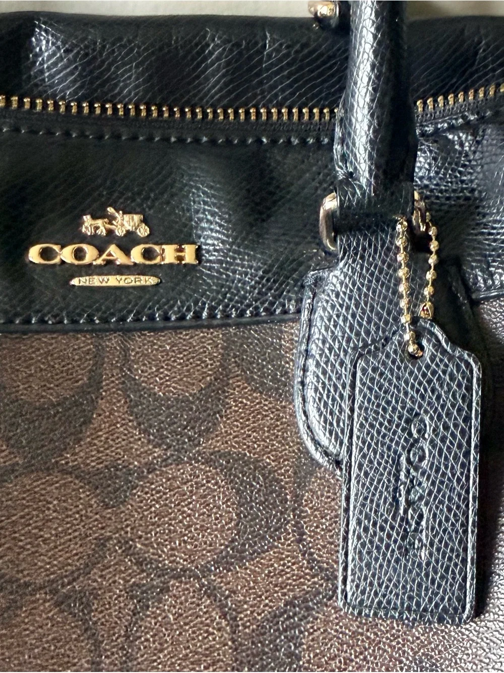 Coach Brown Monogram Tote with Black Leather Accents and Gold Hardware